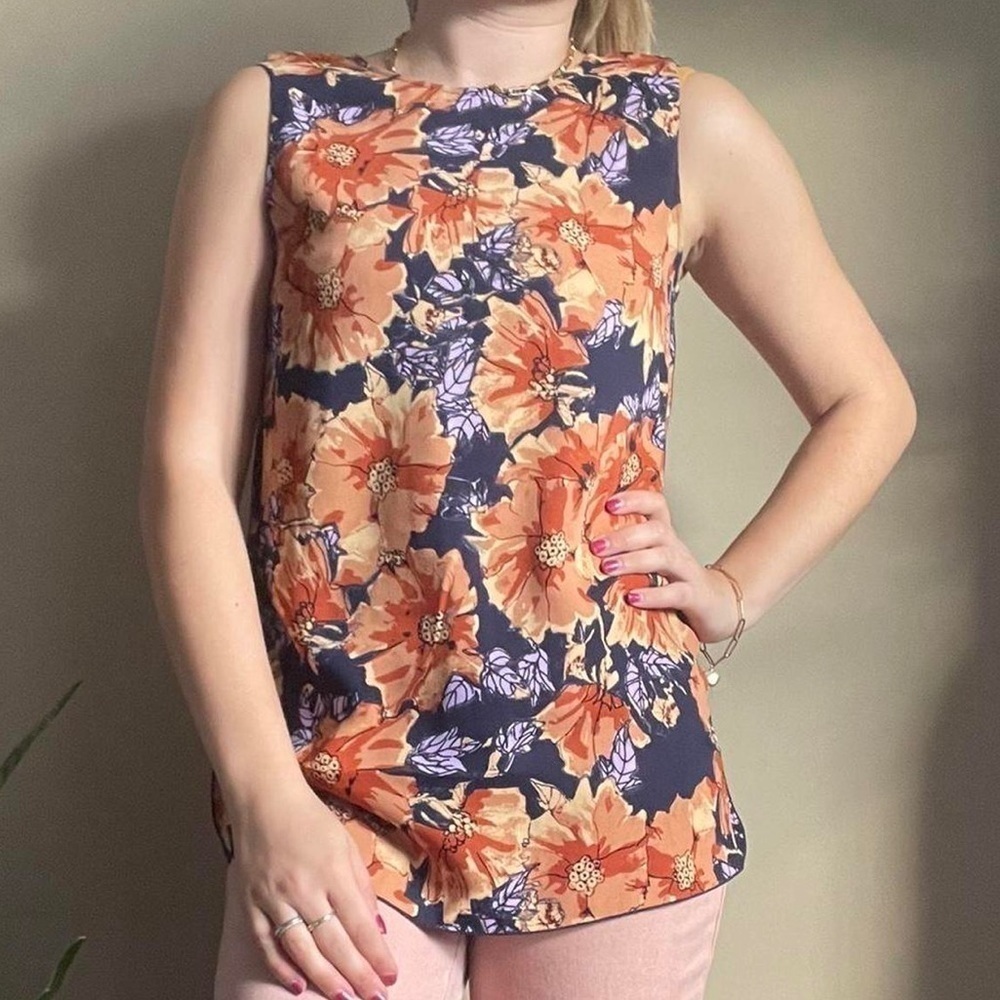 Aritzia Babaton Orange and Purple Floral Sleeveless Blouse